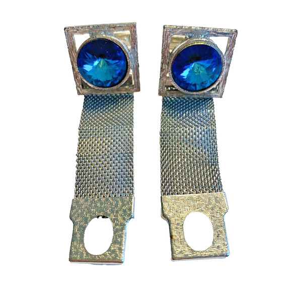 Vintage Blue Rivoli Wrap Cufflinks Large Stones Silvertone Mesh Mid Century Chic - Picture 4 of 8